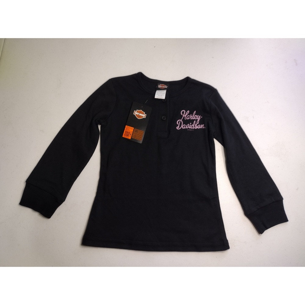 Harley-Davidson Girls Black Pink Logo Long Sleeve Henley Shirt Size 4/5 NWT